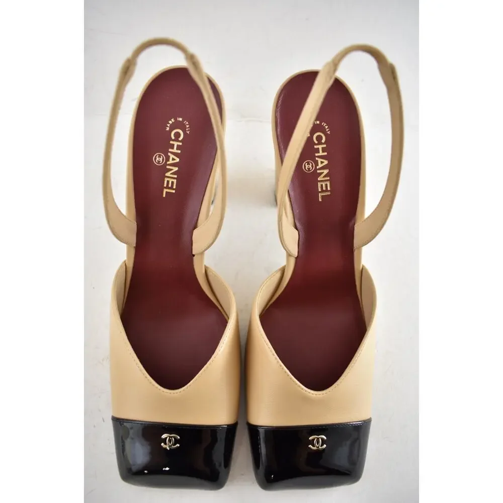 Chanel 26S Blazy Beige Black Square Toe Sling CC Slingback Block Heel Pump 37 - Picture 12 of 16